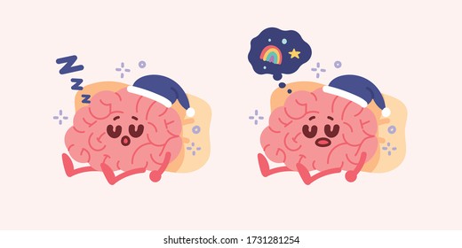 Cute brain character illustration. A sleeping brain and a dreaming brain,