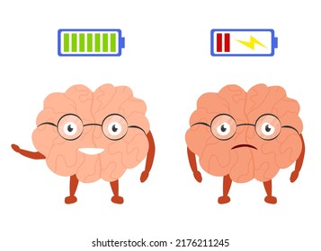 Carácter cerebral lindo con batería de vida baja y completa. El concepto de cansancio y felicidad. Ilustración vectorial de dibujos animados aislada en fondo blanco. Triste e infeliz fatiga y alegre cara sonriente.