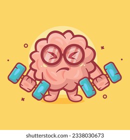 cute brain character mascot doing bodybuilding using dumbbell isolated cartoon in flat style design