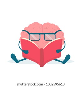 Cute Brain Character Reading Book Sitting Over White Background. Self-Improvement And Intelligence. Square, Vector Illustration