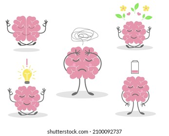 Cute brain character set in stress, depressed, idea, relax. Flat vector illustration isolated on white background