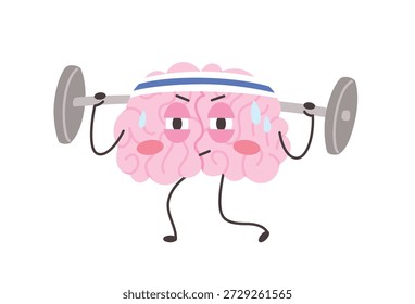 Cute brain character trains lifting weights. Hardworking concept. Funny mascot. Vector illustration isolated