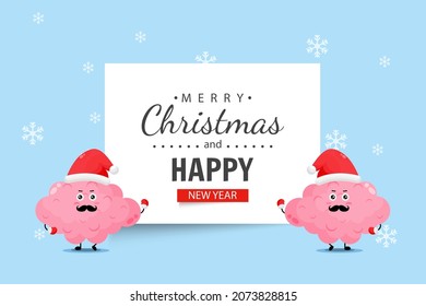 Cute brain character wishes you a Merry Christmas and Happy New Year