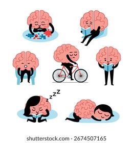 Personagens cerebrais bonitos demonstrando várias atividades e emoções para saúde e conceitos de aprendizagem
