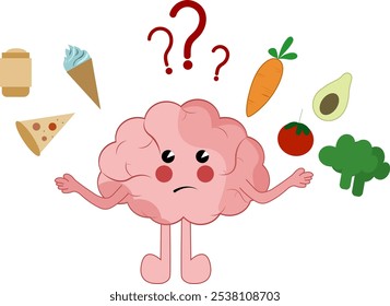 Cute brain choosing between healthy and unhealthy food concept flat vector illustration. Fastfood vs balanced menu comparison isolated clipart. Brain cartoon character dieting and healthy eating.
