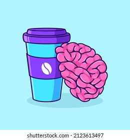 cute brain with coffee cup vector illustration. the brain finds inspiration cartoon