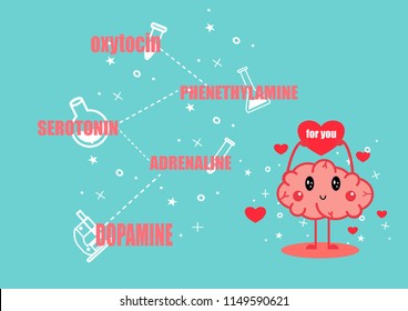 cute brain falling in love cartoon vector.chemicals of love concept.