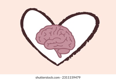 Cute brain in heart. Logic and feeling,  Balance your life vector illustration. mental health and meditation.