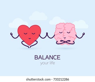 Cute brain and heart meditation. Logic and feel, cartoon characters. Balance your life vector illustration.