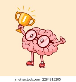 Cute Brain Holding Gold Trophy Cartoon Vector Icon Illustration. People Education Icon Concept Isolated Premium Vector. Flat Cartoon Style