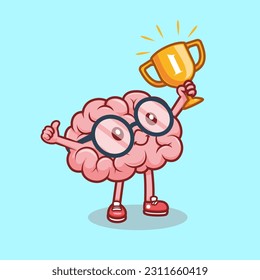 Cute Brain Holding Gold Trophy Cartoon Vector Icon Illustration. People Education Icon Concept Isolated Premium Vector. Flat Cartoon Style