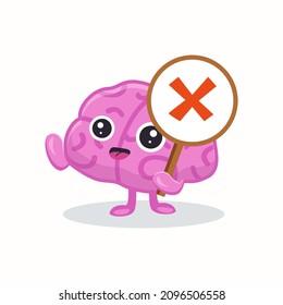 Cute brain holding wrong or cross sign flat illustration. Cartoon brainy character emotions isolated vector. Brainpower, mind, and intelligence concept