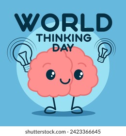 Cute brain with light bulbs and text WORLD THINKING DAY on light