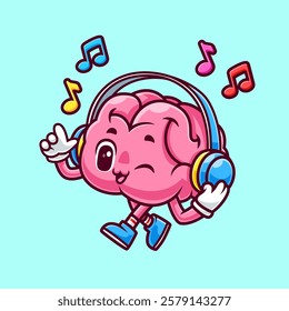 Cute Brain Listening Music With Headset Cartoon Vector Icon Illustration. People Music Icon Concept Isolated Premium Vector. Flat Cartoon Style