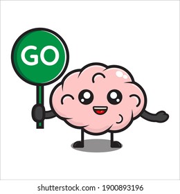 cute brain mascot illustration with go sign, funny scrambled character on white background vector eps 10