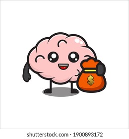 cute brain mascot illustration holding bag full of money, cute scrambled character on white background vector eps 10