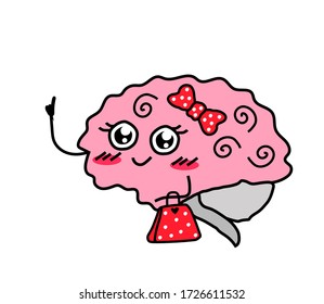 Cute brain on a white background. Feminine thinking. Cartoon. Vector illustration.
