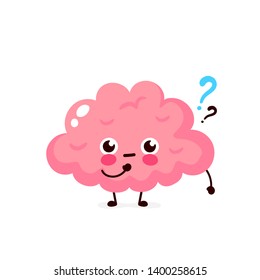Cute brain with question mark character. Vector flat cartoon character illustration icon design. Isolated on white background. Brain thinking concept