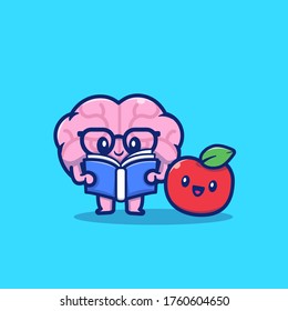 Cute Brain Reading Book With Apple Cartoon Vector Icon Illustration. Education Icon Concept Isolated Premium Vector. Flat Cartoon Style