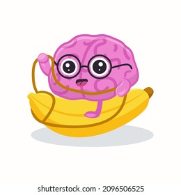 Cute brain riding banana flat illustration. Cartoon brainy character emotions isolated vector. Brainpower, mind, and intelligence concept