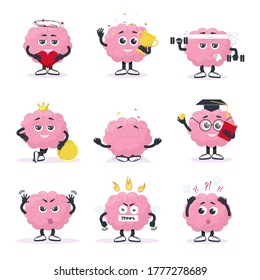 Cute brain is showing emotions. Creative emoji set and brain cartoon character  in different poses. Vector illustration
