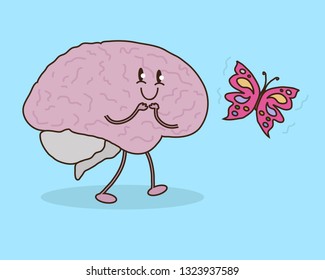 A cute brain is watching a butterfly. Vector illustration.