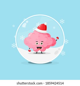 Cute brain wearing a Christmas hat in a snowglobe