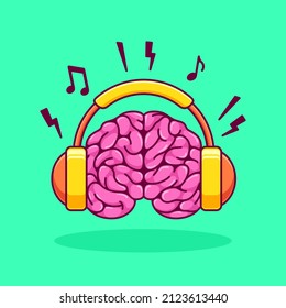 Cute Brain Wearing Headphones Vector Illustration. Inspirational Music Cartoon