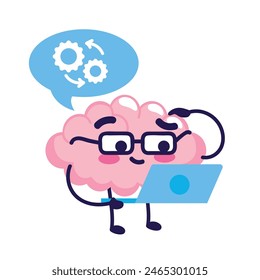 cute brain working with laptop cartoon