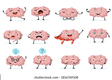 Cute brainy character expression flat icon set. Cartoon brain with emotions on white background isolated vector illustration collection. Brainpower, mind and intelligence concept