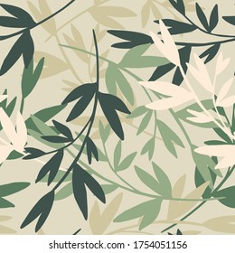 Ramas cortas con hojas sin costura. Fondo orgánico. Papel de paredes interminables con hojas de bosque decorativas. Diseño para tela, impresión textil, envoltura, cubierta. Ilustración vectorial. 