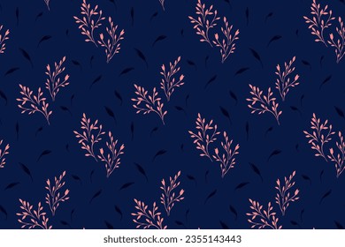 Cute branches pattern. Seamless minimalist bouquet branches on a dark blue background. Vector hand drawn. Design ornament for paper, cover, fabric, interior decor, textile,  wallpaper, surface design.