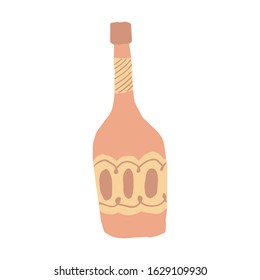 Cute brandy alcohol bottle in doodle style. Freehand drawing. Funny glass bottle isolated on white background. Simple vector illustration