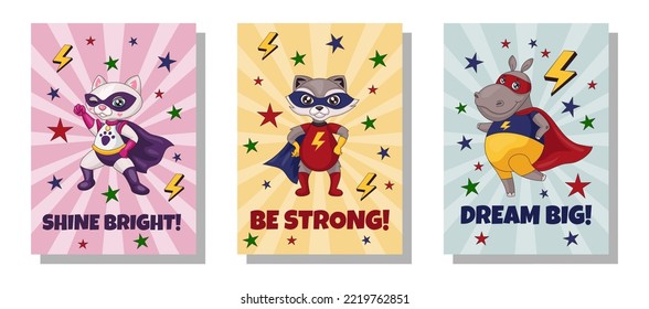 Cute brave animals. Superhero posters. Strong nature cards in comic style. Fun wildlife. Hero mammals in bright costumes. Heroic poses. Happy raccoon and hippo. Vector design banners set