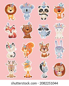 Cute brave ethnic Indians animals with feathers sticker collection on pink Background