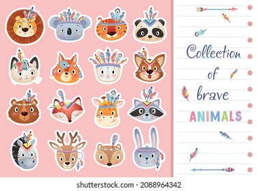 Cute brave ethnic Indians animals head with feathers sticker collection on pink Background