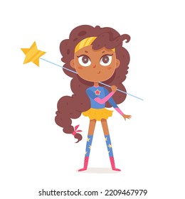 Cute brave girl superhero vector illustration. Cartoon isolated happy strong kid in hero costume with stars holding magic wand to help and fight with fun, female funny preschool adorable champion