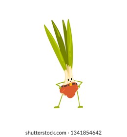 Cute Brave Onion Vegetable Character in Pants with Funny Face Vector Illustration