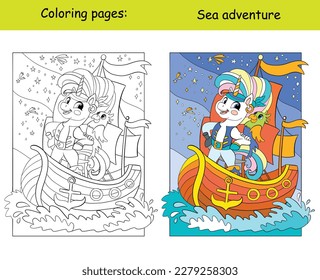 Cute brave unicorn sailor pirate travels on his ship. Cartoon vector illustration. Kids coloring book page with color template. For coloring, education, print, game, decor, puzzle, design