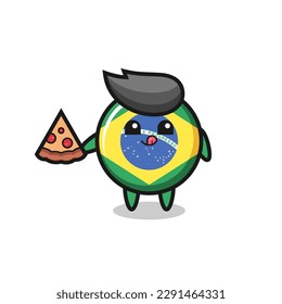 cute brazil flag badge cartoon eating pizza , cute style design for t shirt, sticker, logo element