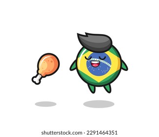 cute brazil flag badge floating and tempted because of fried chicken , cute style design for t shirt, sticker, logo element