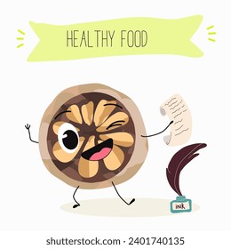 Cute brazil nut cartoon characters with different activities. Flat vector illustration, funny nut. Organic food. Antioxidant.