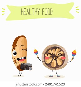 Cute brazil nut cartoon characters with different activities. Flat vector illustration, funny nut. Organic food. Antioxidant.