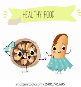 Cute brazil nut cartoon characters with different activities. Flat vector illustration, funny nut. Organic food. Antioxidant.