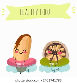 Cute brazil nut cartoon characters with different activities. Flat vector illustration, funny nut. Organic food. Antioxidant.