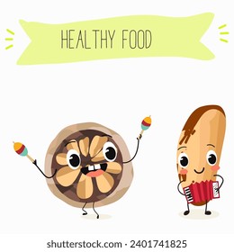 Cute brazil nut cartoon characters with different activities. Flat vector illustration, funny nut. Organic food. Antioxidant.
