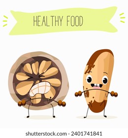 Cute brazil nut cartoon characters with different activities. Flat vector illustration, funny nut. Organic food. Antioxidant.