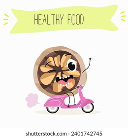Cute brazil nut cartoon characters with different activities. Flat vector illustration, funny nut. Organic food. Antioxidant.