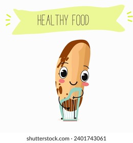 Cute brazil nut cartoon characters with different activities. Flat vector illustration, funny nut. Organic food. Antioxidant.