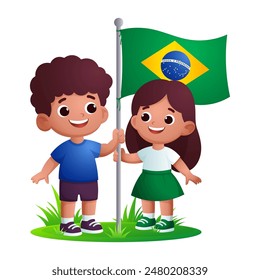 Cute Brazilian children holding a waving flag, celebrate brazil independence day  Translation: order and progress